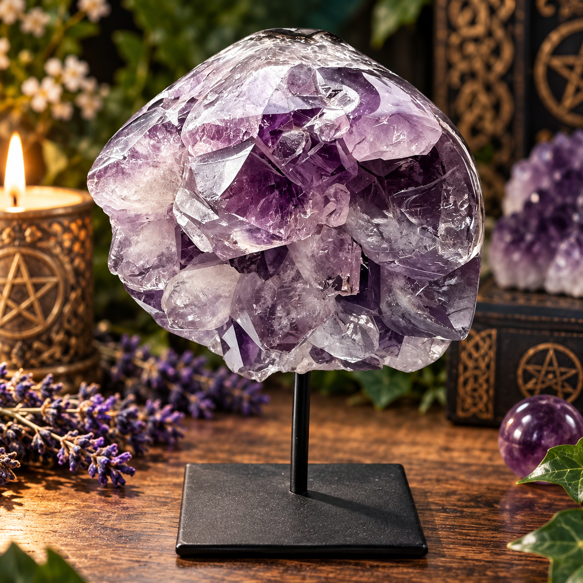 Amethyst Cluster with Black Stand