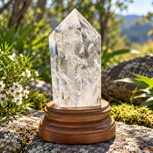Clear Quartz Tower with Wooden Stand
